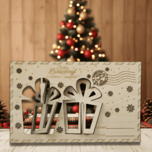 Karácsonyi fa képeslap kitörhető díszekkel